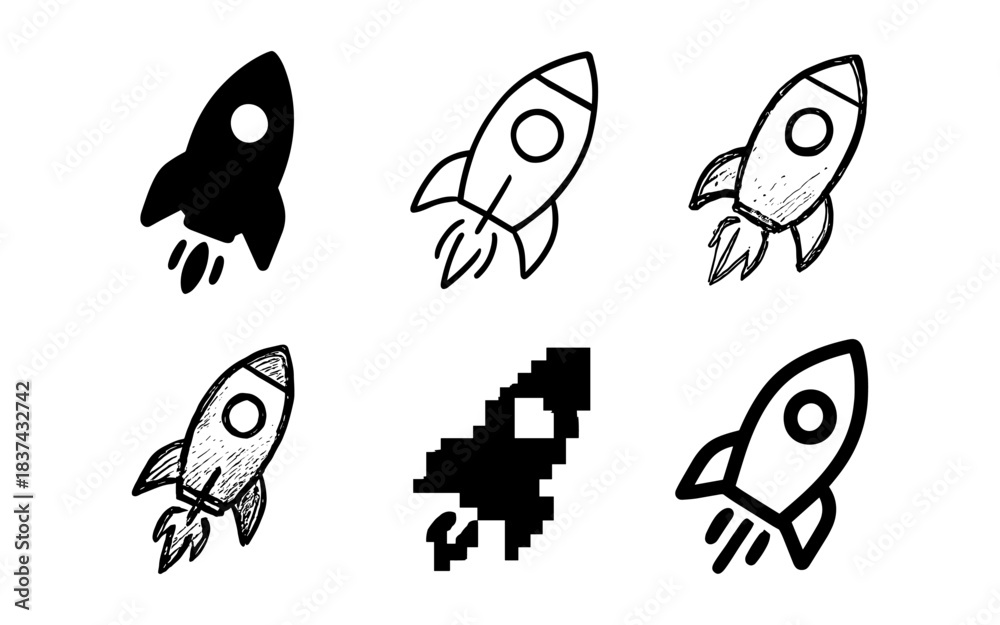 Fototapeta premium Set of rocket designs in multiple styles: silhouette, sketch, pixel, and outline variations