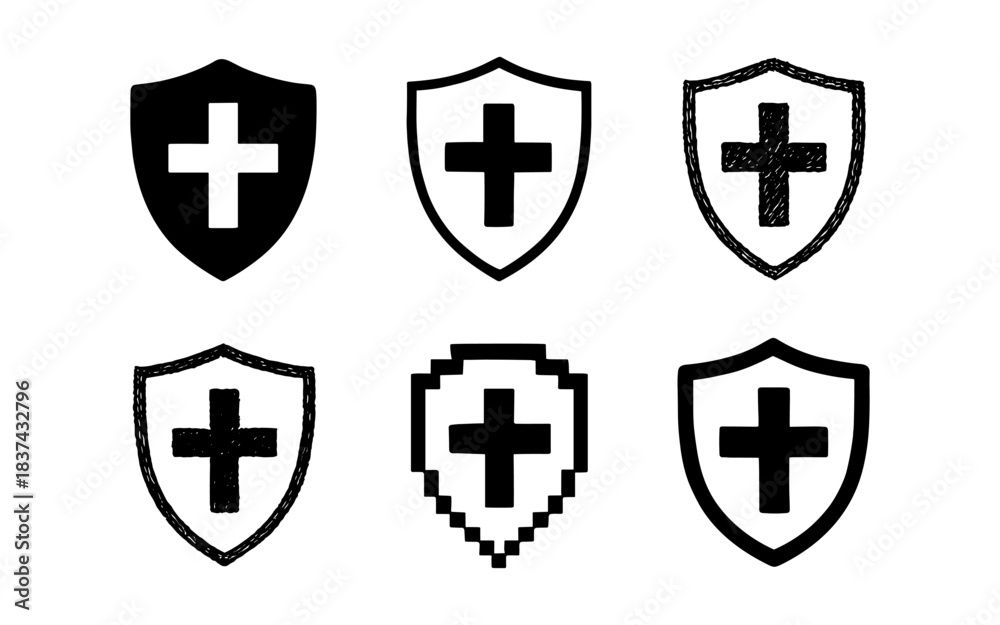 Fototapeta premium Diverse shield cross icons in minimalist, pixel, and sketch styles