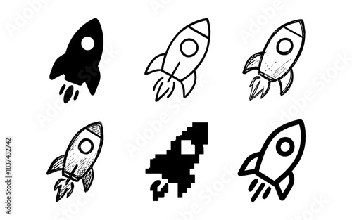 Set of rocket designs in multiple styles: silhouette, sketch, pixel, and outline variations