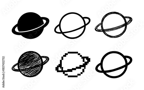 Diverse styles of planet icons featuring ringed planets in silhouette, outline, and pixel designs