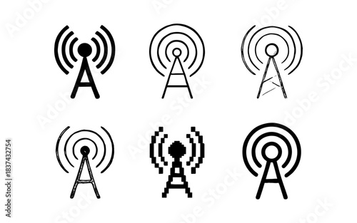 Diverse antenna designs: monochrome signal tower symbols in modern and retro styles