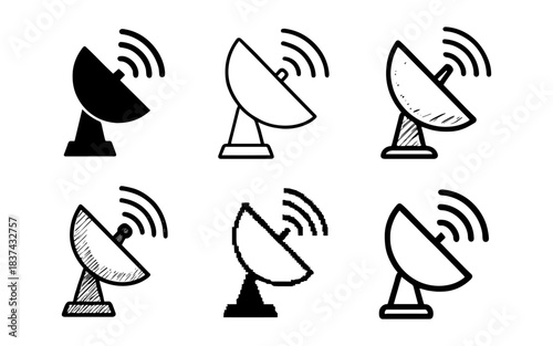 Variety of satellite antenna icons in different artistic styles