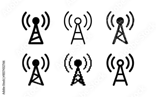 Set of communication tower icons with various artistic styles and textures