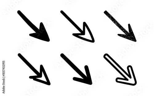Set of six hand-drawn downward arrows in black ink style