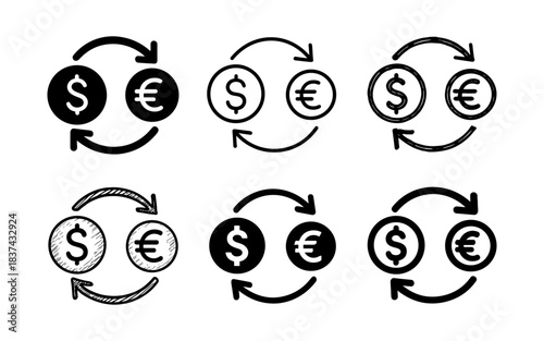 Hand drawn currency exchange symbols with dollar and euro signs in various styles