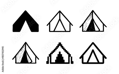 Stylized tent icons: silhouette, sketch, pixel art variations