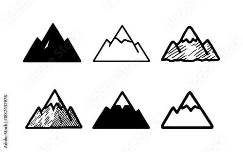 Set of six mountain designs in various hand drawn styles