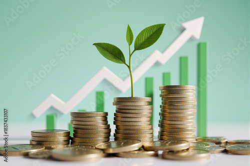 Concept of Indian economic growth and budget. Rupee coins and rising graph visualization.