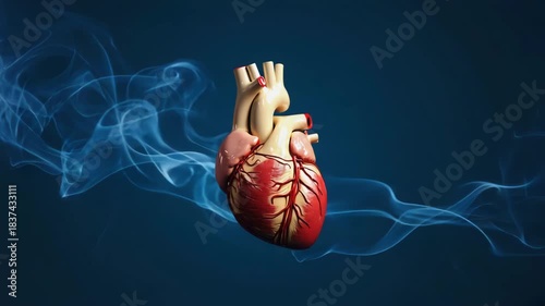 Medical visualization of a human heart organ surrounded by abstract smoke. A cardiology concept representing cardiovascular disease, air pollution, and the dangers of smoking