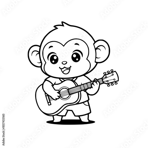 Cute Monkey Playing Guitar Line Art Illustration. Kawaii Cartoon Black and White Vector Icon for Music, Band, or Entertainment Logo. Generative AI
