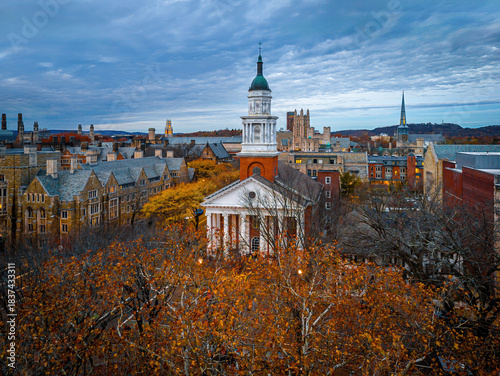Aerial View of Downtown New Haven with Historic Church and Yale Buildings