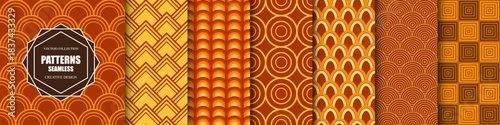 Collection of seamless decorative color patterns - geometric ornamental design. Repeatable retro elegant striped orange backgrounds. Symmetry vintage endless prints
