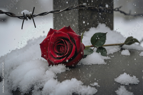 Red rose on memorial stone for remembrance. Sorrowful tribute concept.