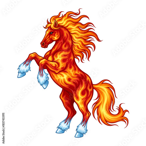 A powerful fiery horse rears on hind legs with a blazing flowing mane.