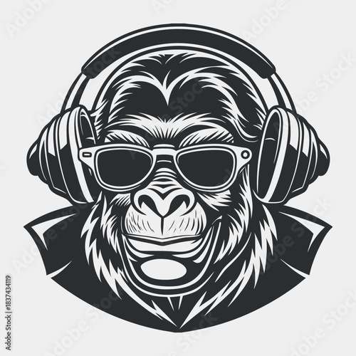 Gorilla Wearing Headphones and Sunglasses on Orange Background
