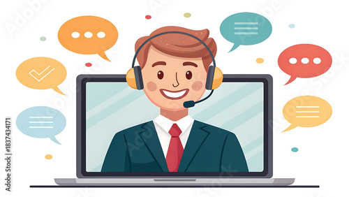 Smiling cartoon man in suit with headset on laptop