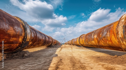 Rusty Metal Pipes Along Dirt Road Under Blue Sky