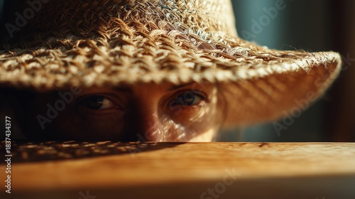 Curious Person Peeking Over Wooden Surface Wearing Straw Hat