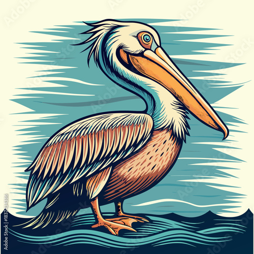 Stylized Pelican Standing in Water with Abstract Background