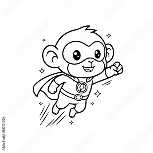 Cute Monkey Superhero Flying Line Art Illustration. Kawaii Cartoon Black and White Vector Icon for Hero, Power, or Comic Mascot Logo Generative AI