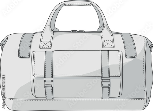 Duffel, bag, vector, illustration, sketch, outline, fashion, gear, durable, ergonomic, structured, silhouette, layout, design, accessory, handle, buckle, strap, pocket, stitching, portable