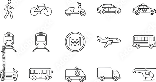 Essential Transport Line Icons Set: Featuring Car, Bus, Train, Plane, Taxi, Scooter, Bicycle, and Walking Modes of Travel for Navigation and Logistics Design