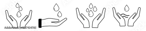 Save water icon set. Water drop in open hand. Environment, water conservation symbol. Vector illustration