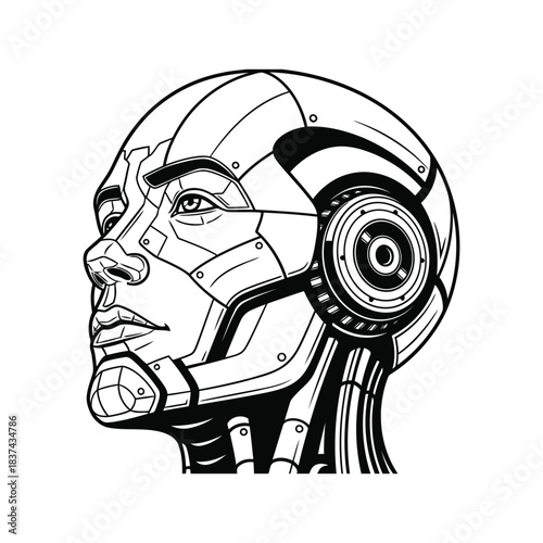 Illustration of cybernetic humanoid head profile line art