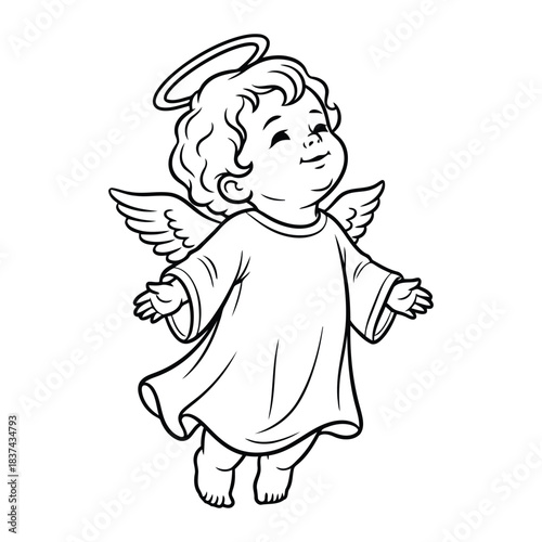 Illustration of cute little angel baby with wings and halo, black and white outline drawing, white