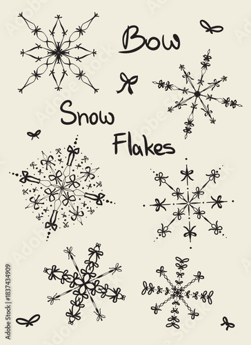 Hand drawn bow tie snow flakes collection. Set of different, doodled vector winter, christmas icon elements.
