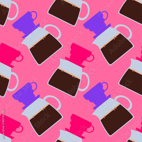 Lovely seamless coffee-themed pattern with colorful V60 drippers and full of coffee glass pots on a pink background. Ideal for cafe branding, textiles, wrapping papers, and coffee-inspired designs.