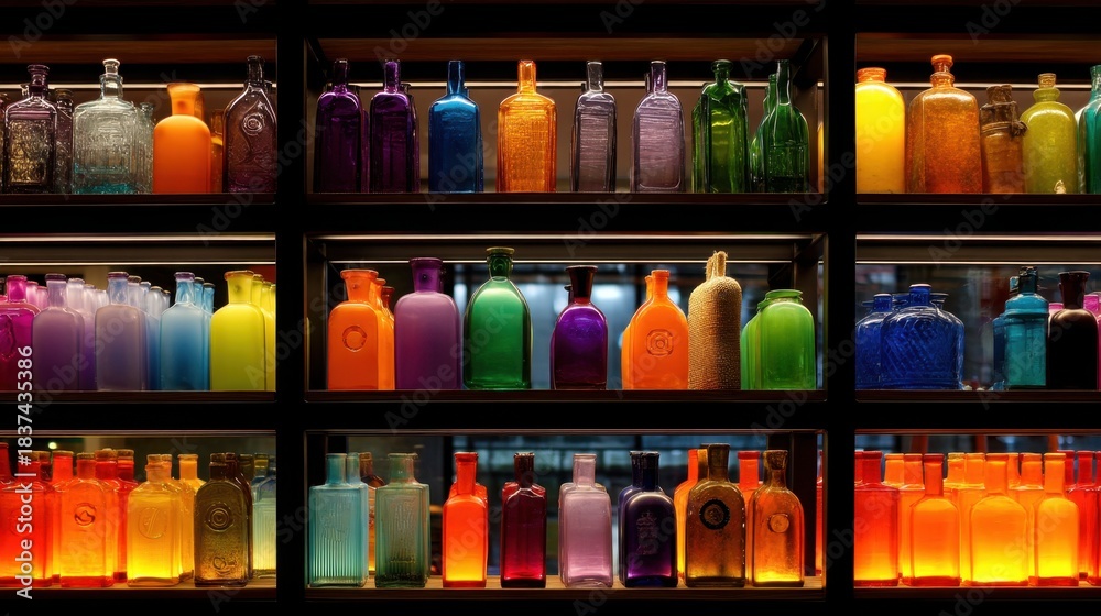 Fototapeta premium A collection of glass bottles is arranged on shelves in a shop window. The bottles vary in colors shapes and sizes. Bright lights highlight the design and vibrancy.
