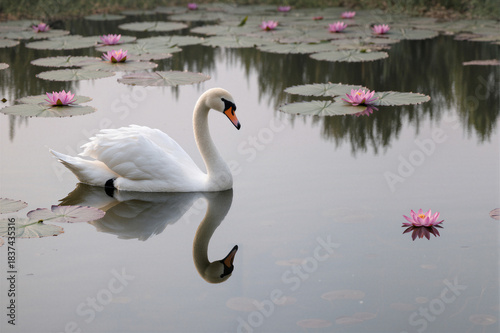 Graceful white swan in water with lotus. Symbol of purity and Goddess Saraswati.