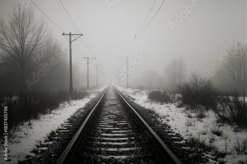 Railway tracks disappearing into snowy fog. Historical memory and sorrow concept.