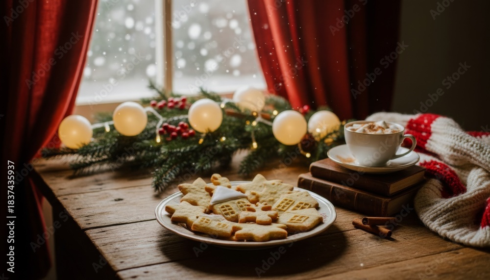 Naklejka premium Delicious homemade Christmas cookies arranged on a plate on a rustic wooden table, creating a warm and inviting holiday scene with falling snow outside a window and festive lights