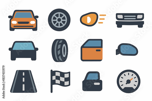 Windshield car front view bumper tire road wheel vector icon mirror flag