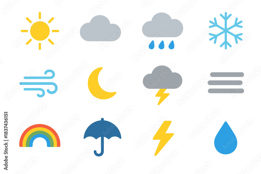 Obraz premium Fog lightning icons vector rain icon snowflake sun droplet moon grid weather