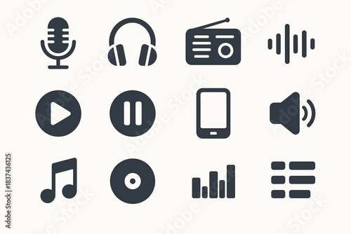 Vector equalizer playlist podcast icon play sound microphone speaker disc set button