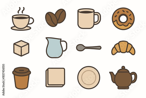 Cup teapot icon croissant beans lid mug collection vector sugar coffee
