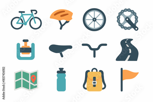 Bicycle set pedal vector helmet handlebar flag map road seat water icon