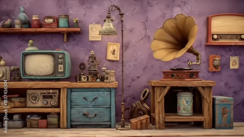 Vintage Room with Antique Radios, Gramophone, and Television Set.