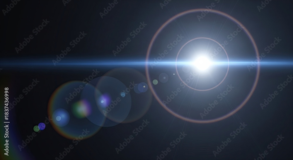 Fototapeta premium Bright lens flare effect with glowing light on a dark background, abstract photography