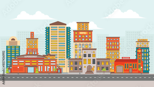 Urban Cityscape with Supermarket, Fire Station, Library, Hotel and Residential buildings