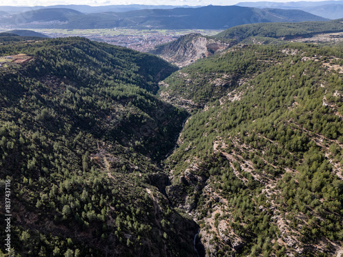 Green valley landscape overlooking Mentese town in Mugla, Turkiye