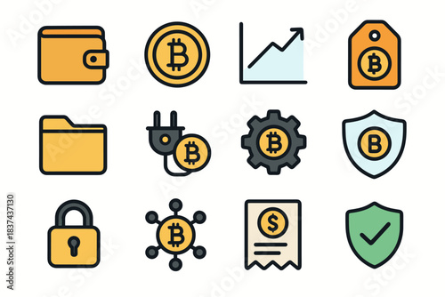 Checkmark folder icon vector tag bitcoin shield cryptocurrency node receipt wallet set