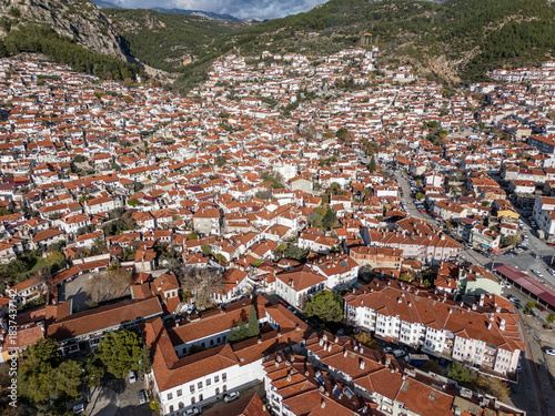 Mugla city aerial view showing traditional houses and castle