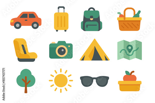Family camera child car map vector icon trip sunglasses food sun icons