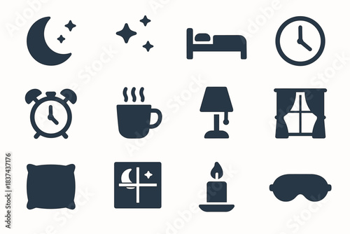 Moon alarm vector icon candle nighttime set pillow cup curtain icons clock