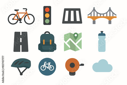 City cycling urban bridge icons bike road icon map cloud bell vector