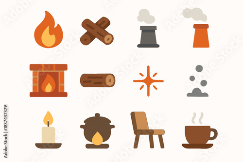 Flame candle vector fireplace minimalist cup icons chimney wood icon chair ash